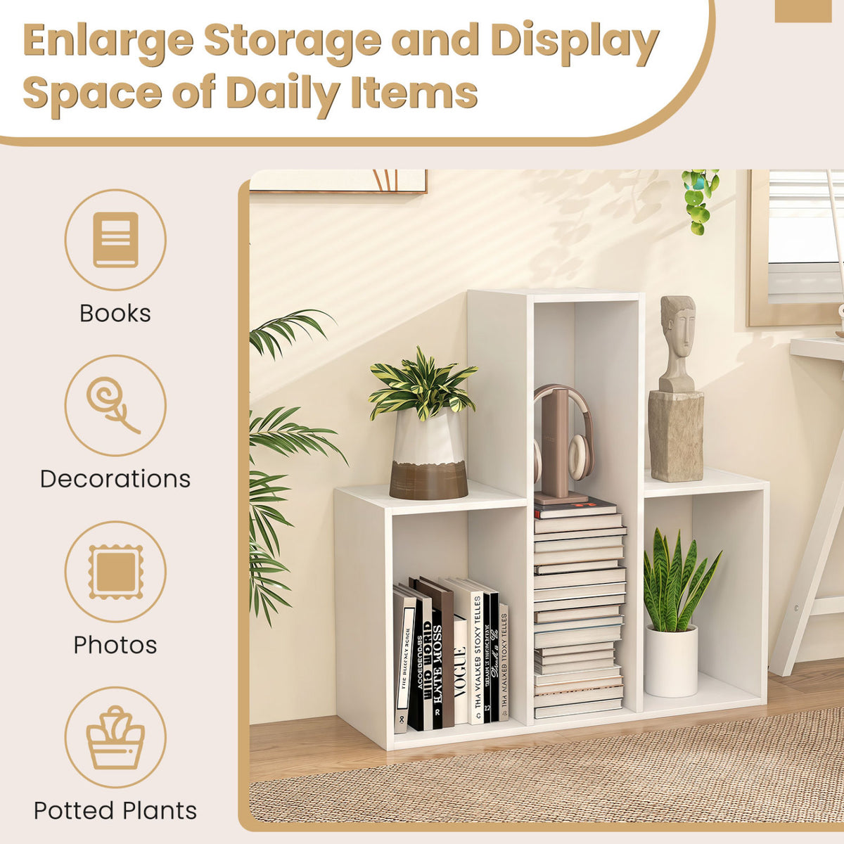 Convex Bookshelf with 3 Open Shelves & Anti-Toppling Device for Living Room-White view 8
