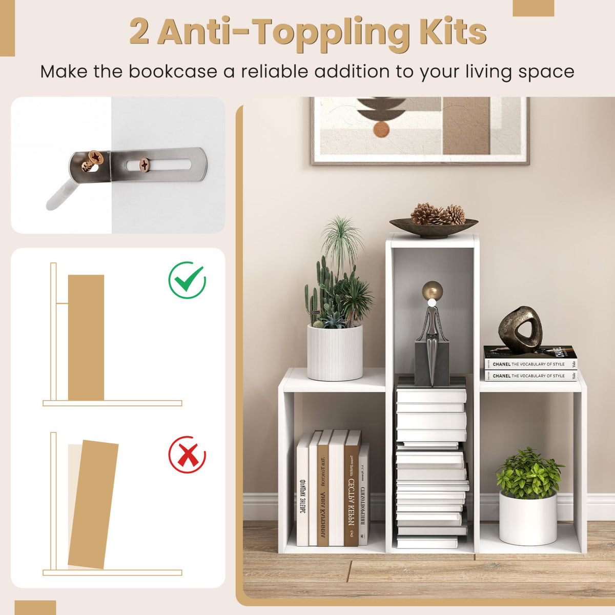 Convex Bookshelf with 3 Open Shelves & Anti-Toppling Device for Living Room-White view 9