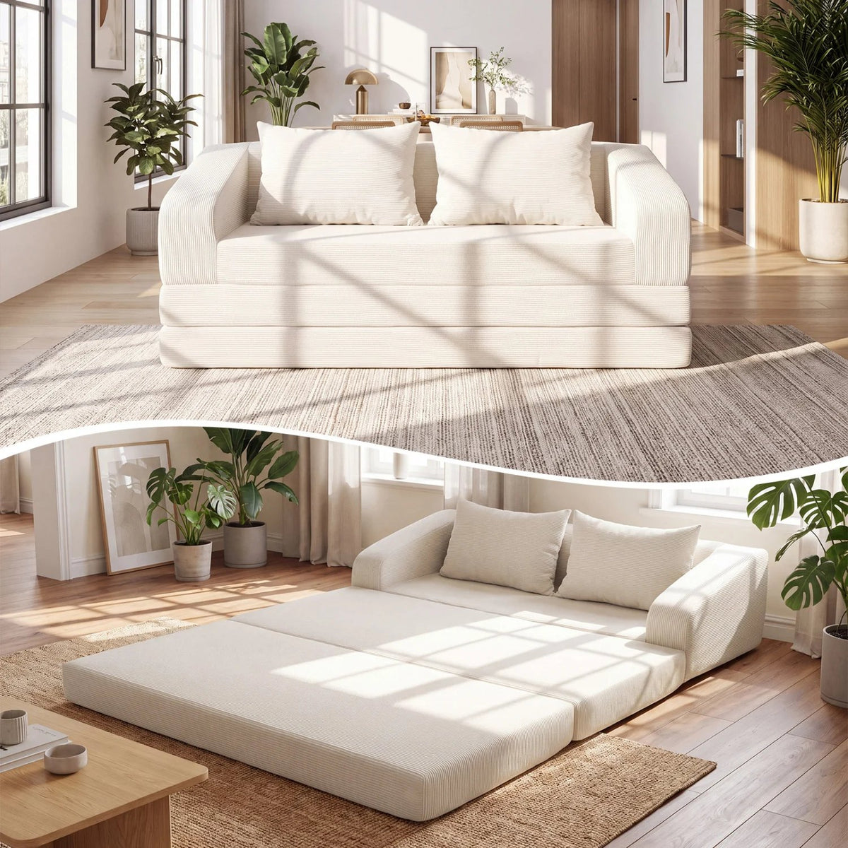 Corduroy Loveseat Sleeper Sofa with 2 Back Cushions for Living Room Bedroom Apartment-Beige view 2