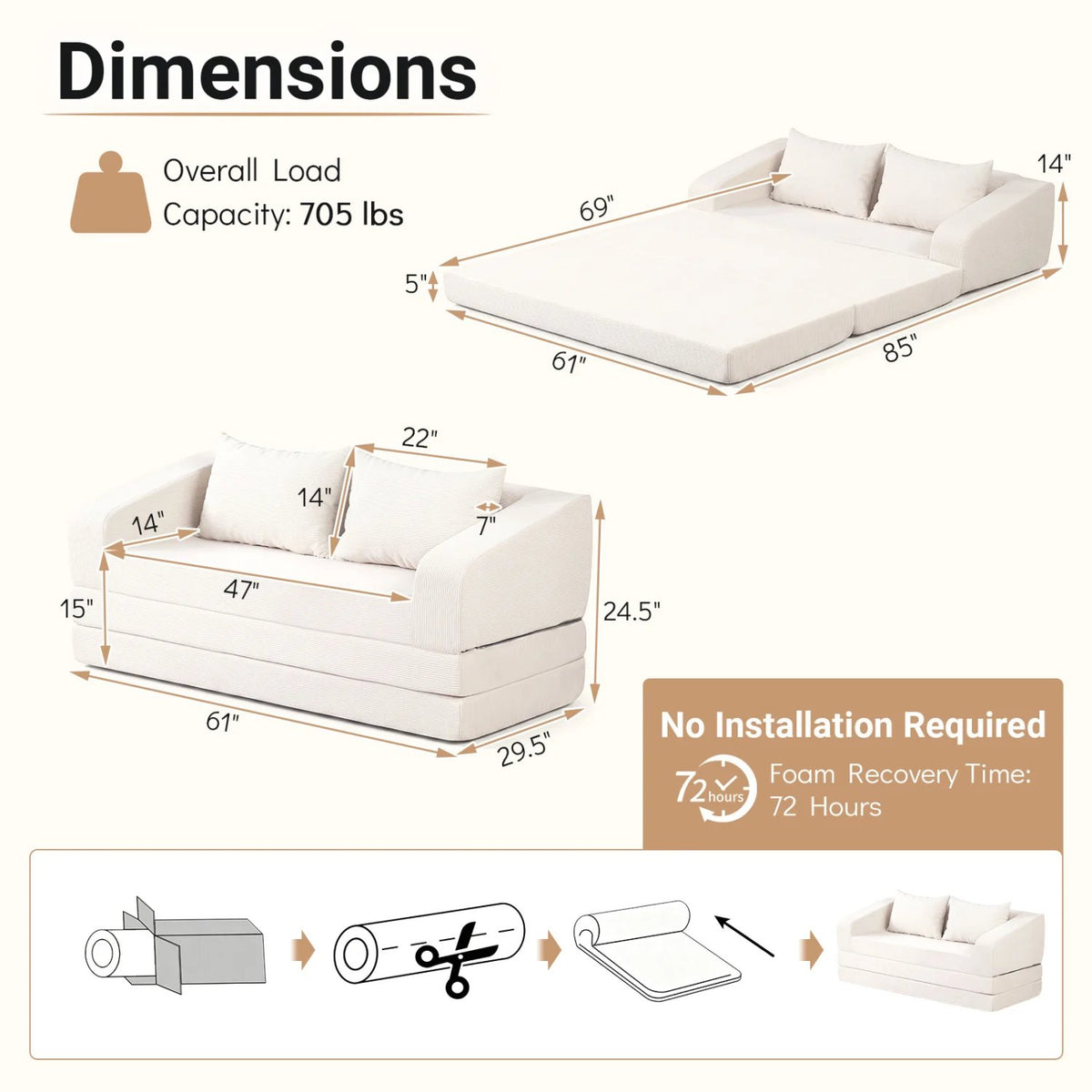 Corduroy Loveseat Sleeper Sofa with 2 Back Cushions for Living Room Bedroom Apartment-Beige view 5