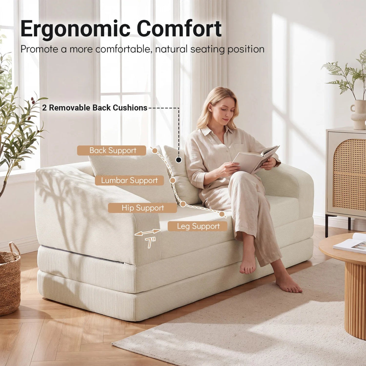 Corduroy Loveseat Sleeper Sofa with 2 Back Cushions for Living Room Bedroom Apartment-Beige view 9