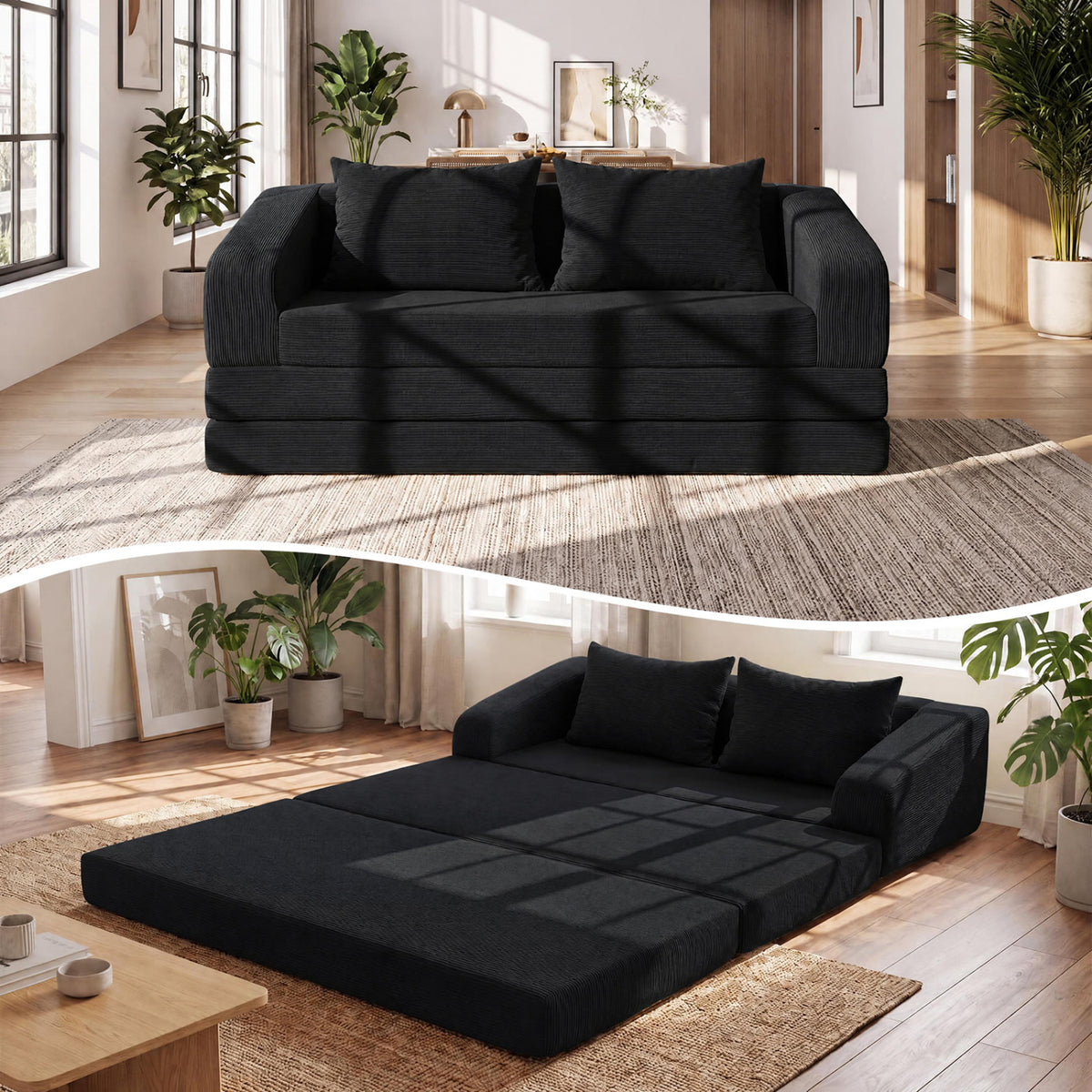 Corduroy Loveseat Sleeper Sofa with 2 Back Cushions for Living Room Bedroom Apartment-Black view 2