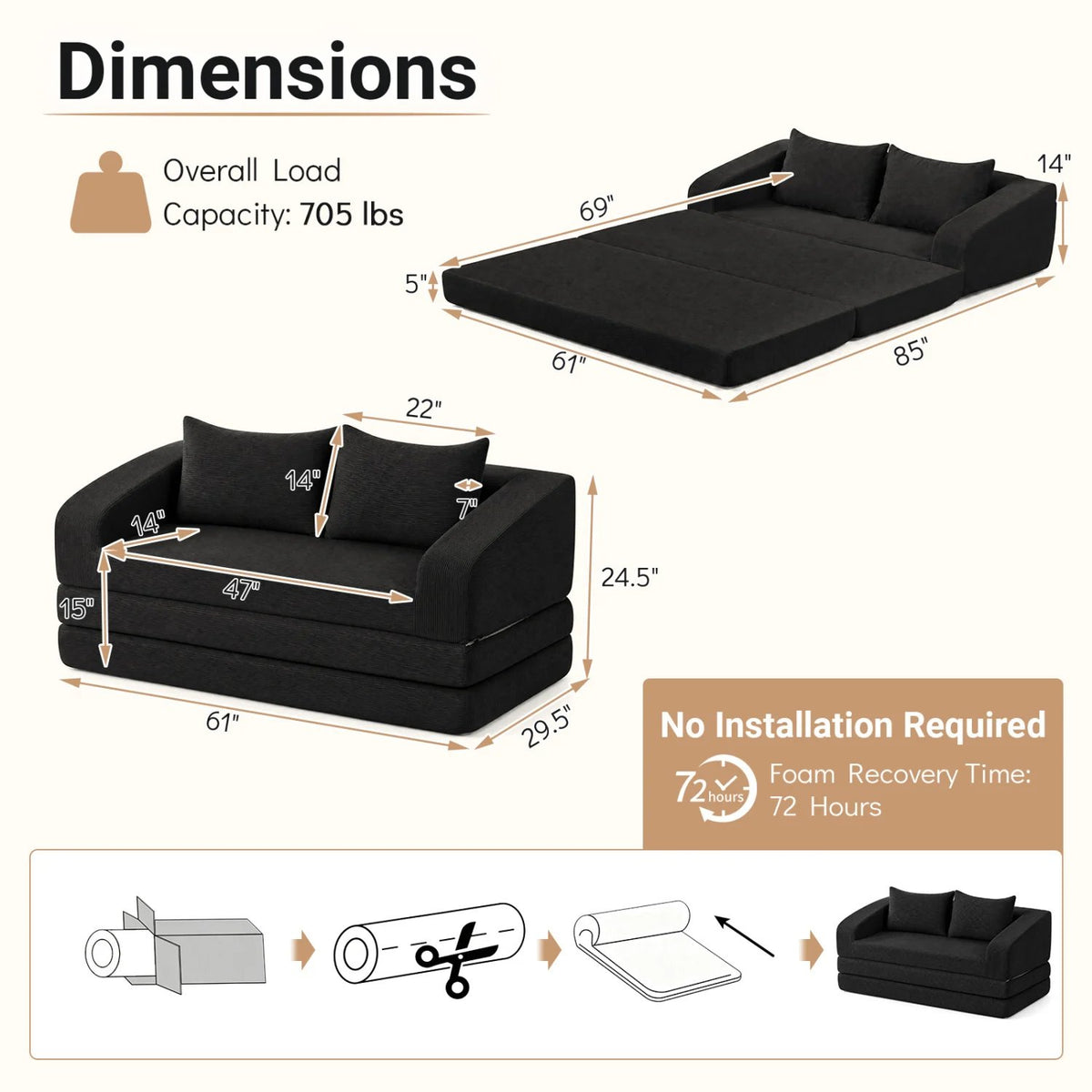 Corduroy Loveseat Sleeper Sofa with 2 Back Cushions for Living Room Bedroom Apartment-Black view 5