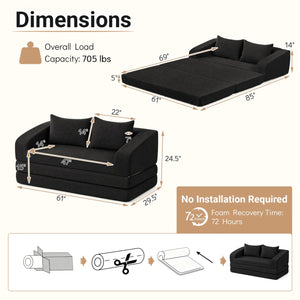Corduroy Loveseat Sleeper Sofa with 2 Back Cushions for Living Room Bedroom Apartment-Black view 5