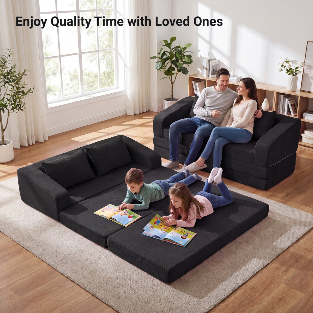Corduroy Loveseat Sleeper Sofa with 2 Back Cushions for Living Room Bedroom Apartment-Black view 6