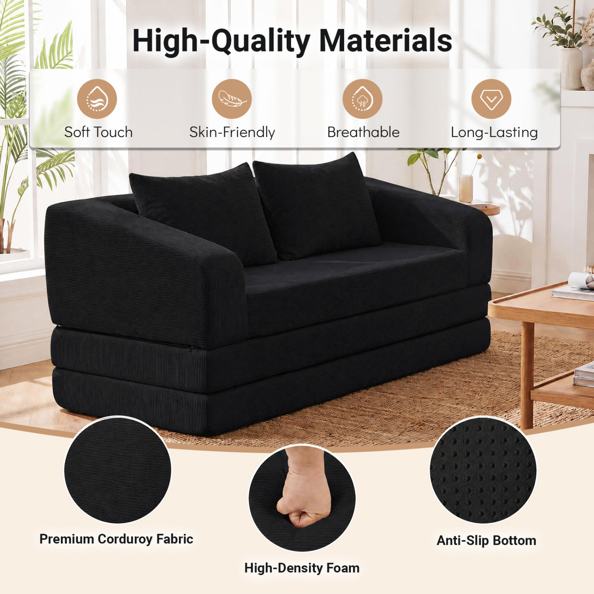Corduroy Loveseat Sleeper Sofa with 2 Back Cushions for Living Room Bedroom Apartment-Black view 8