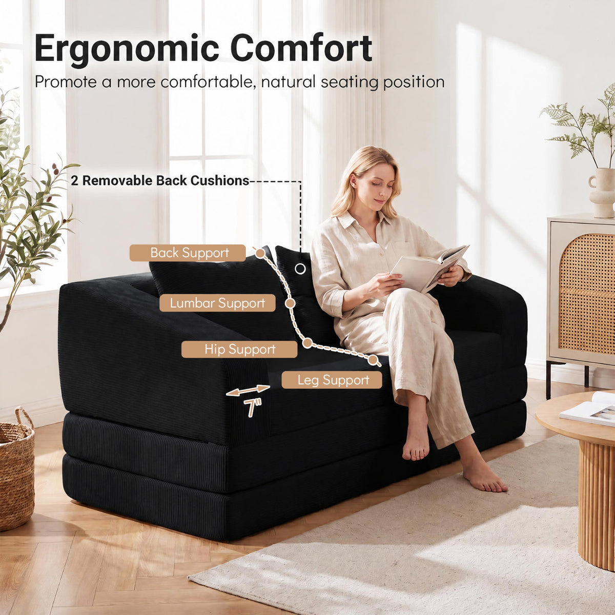 Corduroy Loveseat Sleeper Sofa with 2 Back Cushions for Living Room Bedroom Apartment-Black view 9