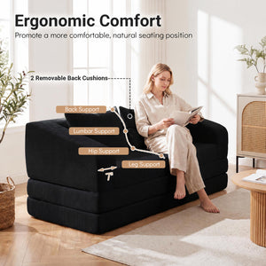 Corduroy Loveseat Sleeper Sofa with 2 Back Cushions for Living Room Bedroom Apartment-Black view 9