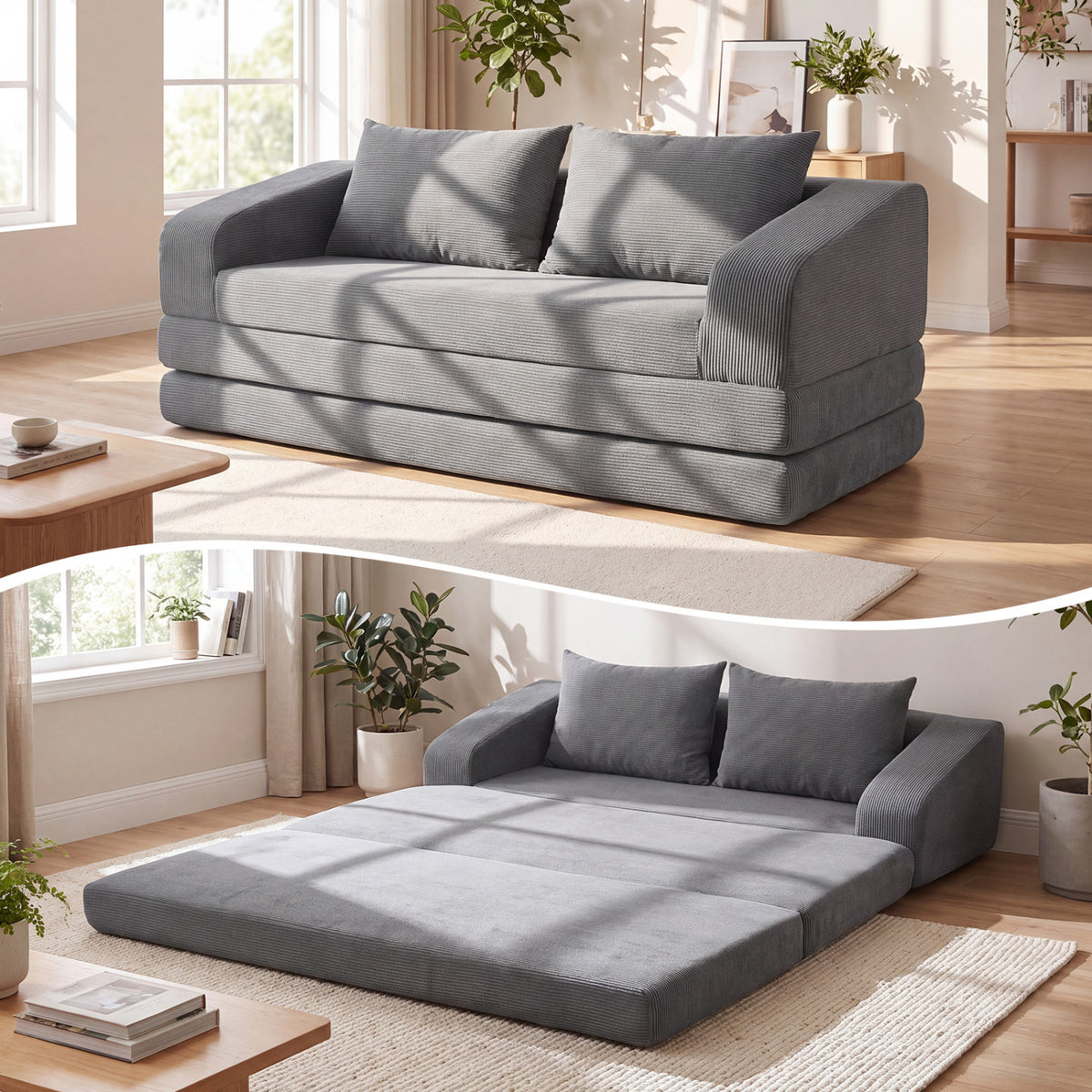 Corduroy Loveseat Sleeper Sofa with 2 Back Cushions for Living Room Bedroom Apartment-Gray view 2