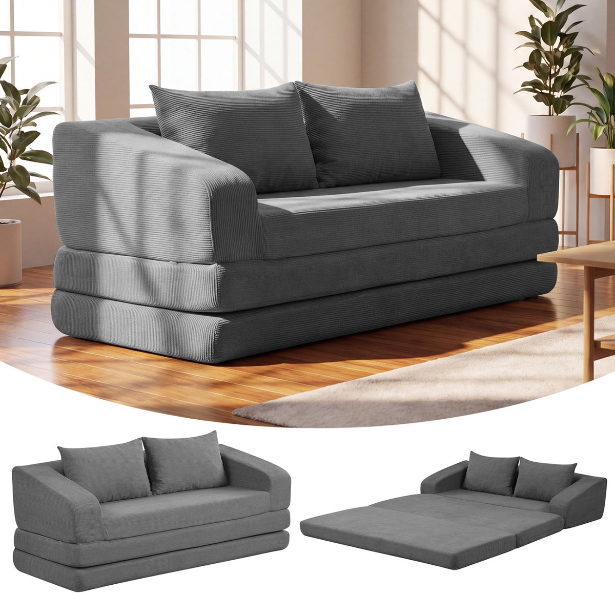 Corduroy Loveseat Sleeper Sofa with 2 Back Cushions for Living Room Bedroom Apartment-Gray view 3
