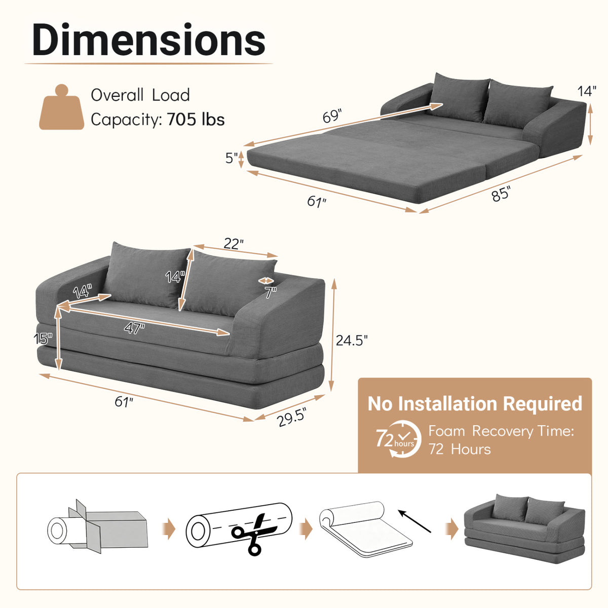 Corduroy Loveseat Sleeper Sofa with 2 Back Cushions for Living Room Bedroom Apartment-Gray view 5