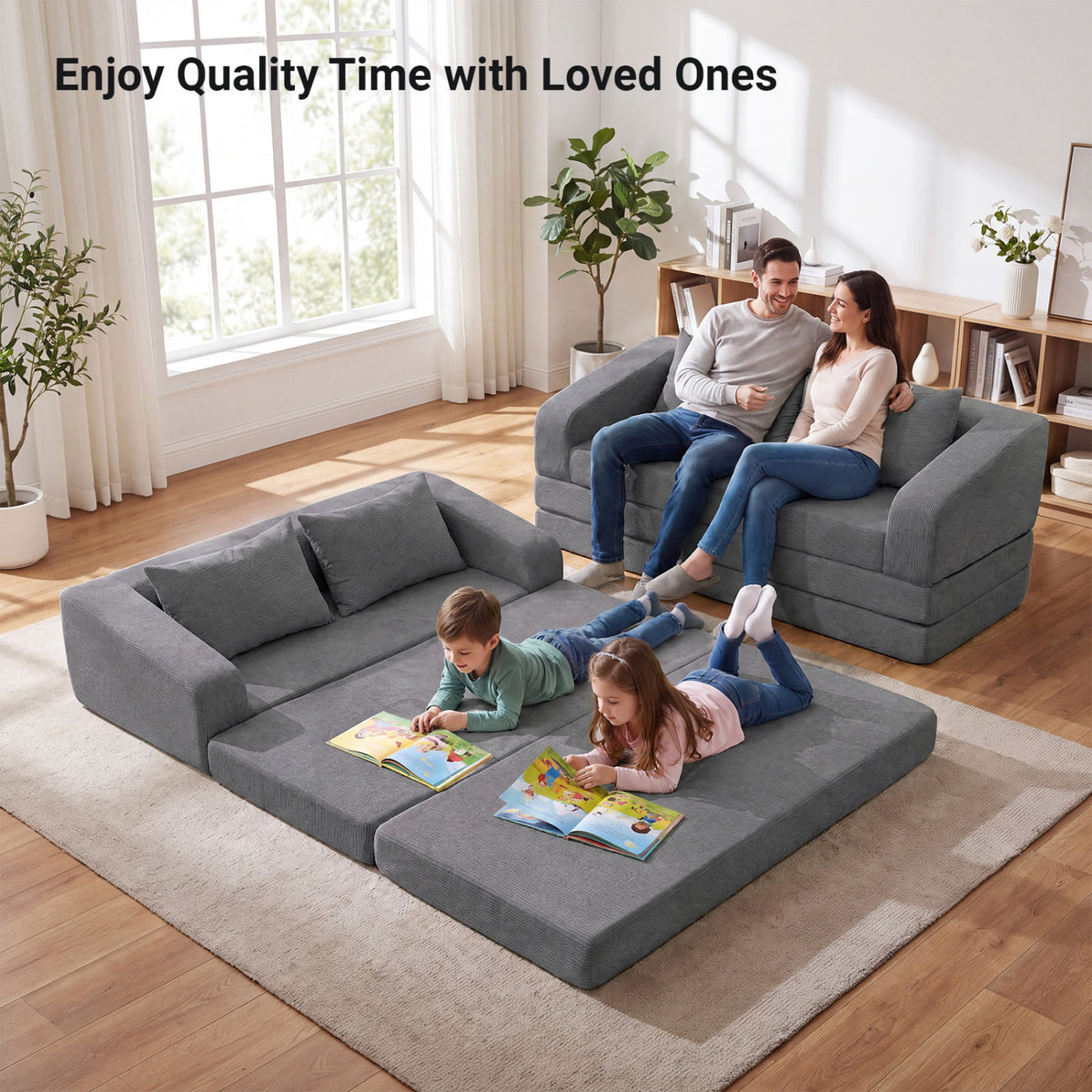 Corduroy Loveseat Sleeper Sofa with 2 Back Cushions for Living Room Bedroom Apartment-Gray view 6