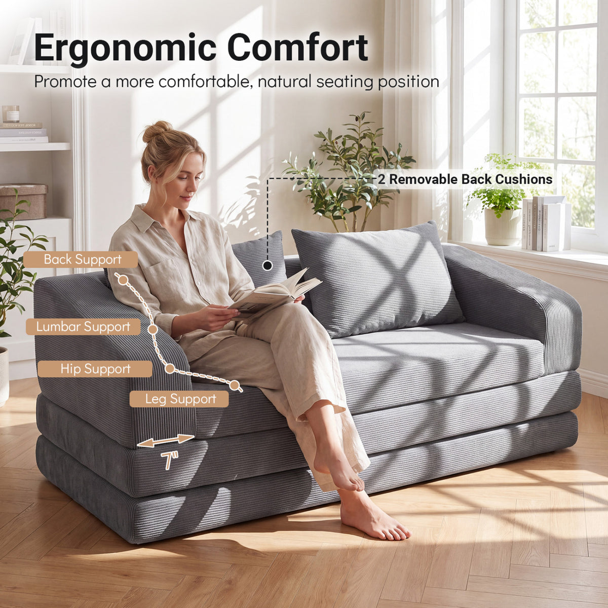 Corduroy Loveseat Sleeper Sofa with 2 Back Cushions for Living Room Bedroom Apartment-Gray view 9