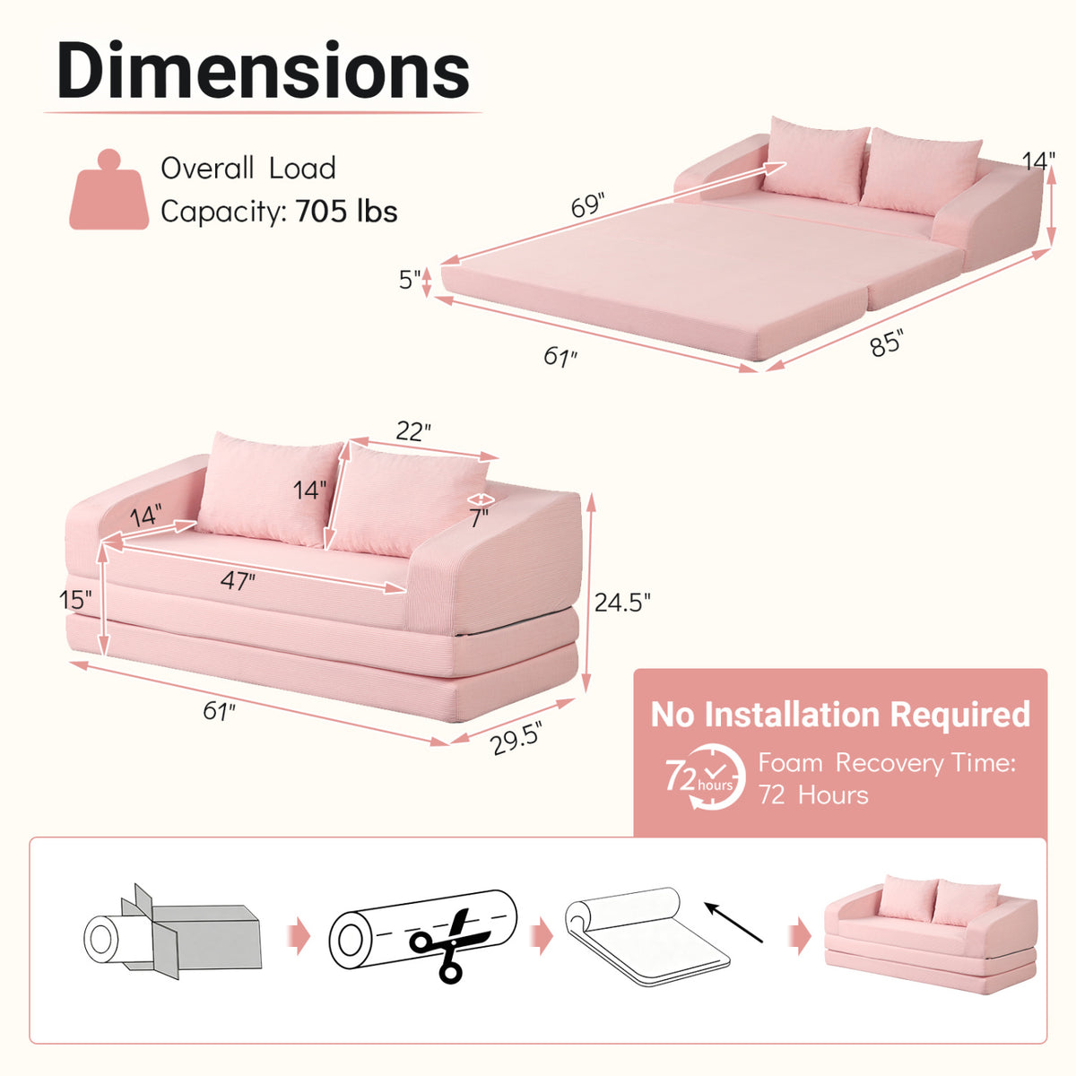 Corduroy Loveseat Sleeper Sofa with 2 Back Cushions for Living Room Bedroom Apartment-Pink view 5