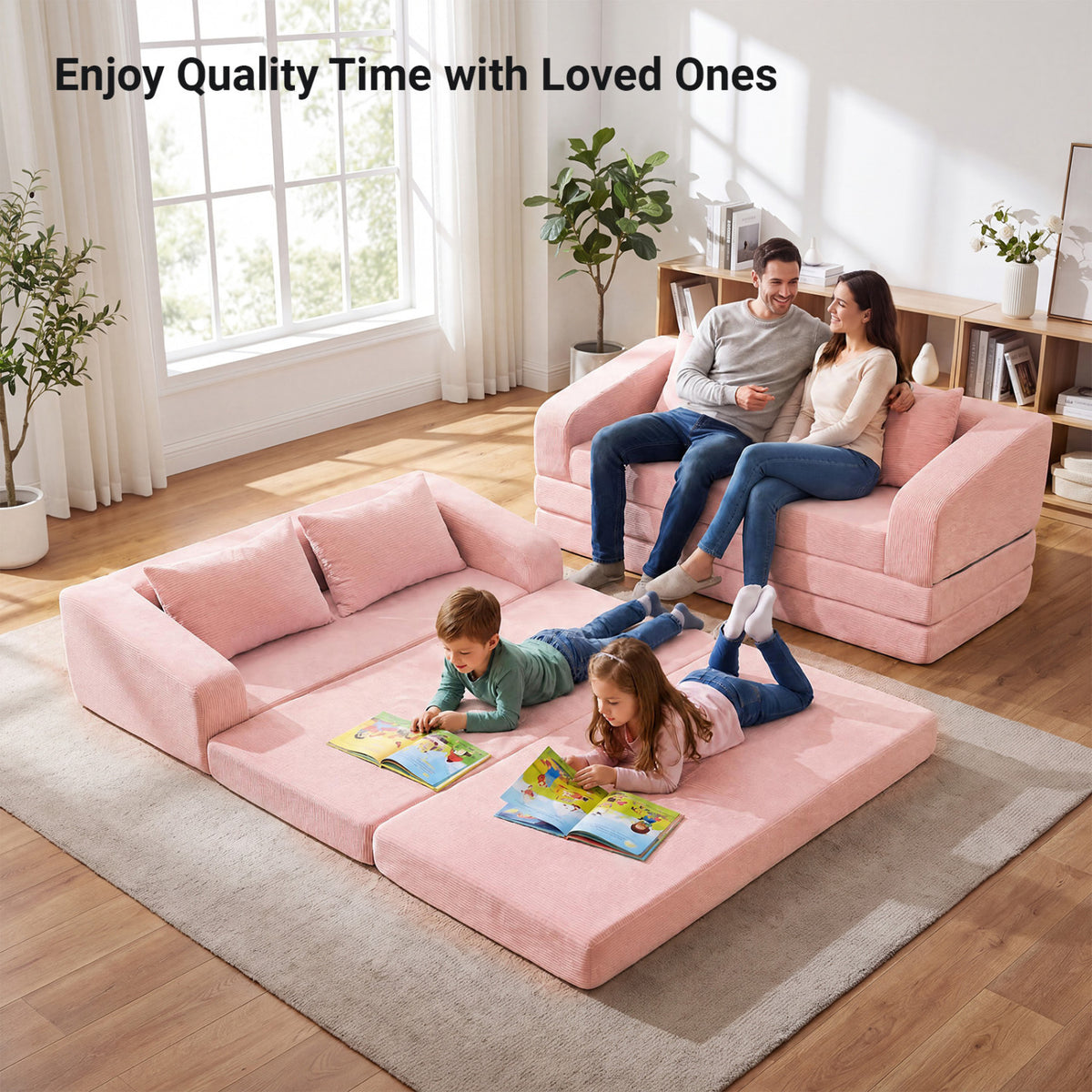 Corduroy Loveseat Sleeper Sofa with 2 Back Cushions for Living Room Bedroom Apartment-Pink view 6