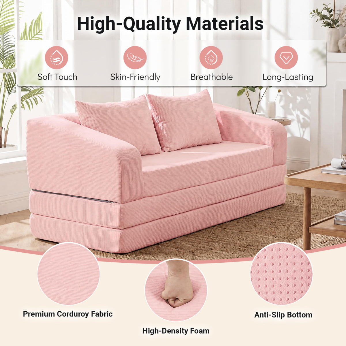 Corduroy Loveseat Sleeper Sofa with 2 Back Cushions for Living Room Bedroom Apartment-Pink view 8
