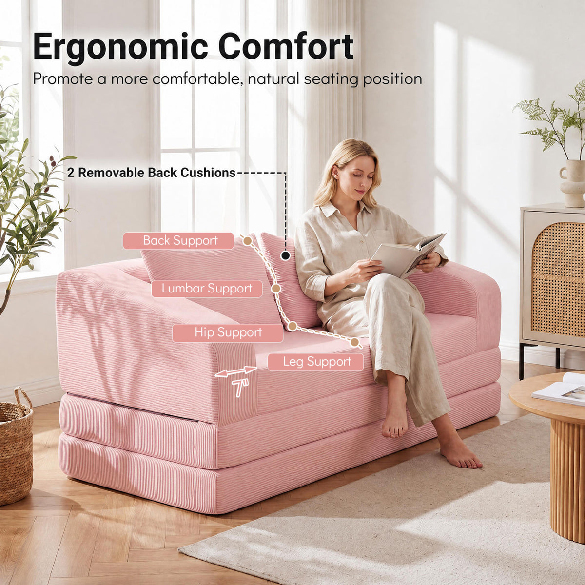 Corduroy Loveseat Sleeper Sofa with 2 Back Cushions for Living Room Bedroom Apartment-Pink view 9