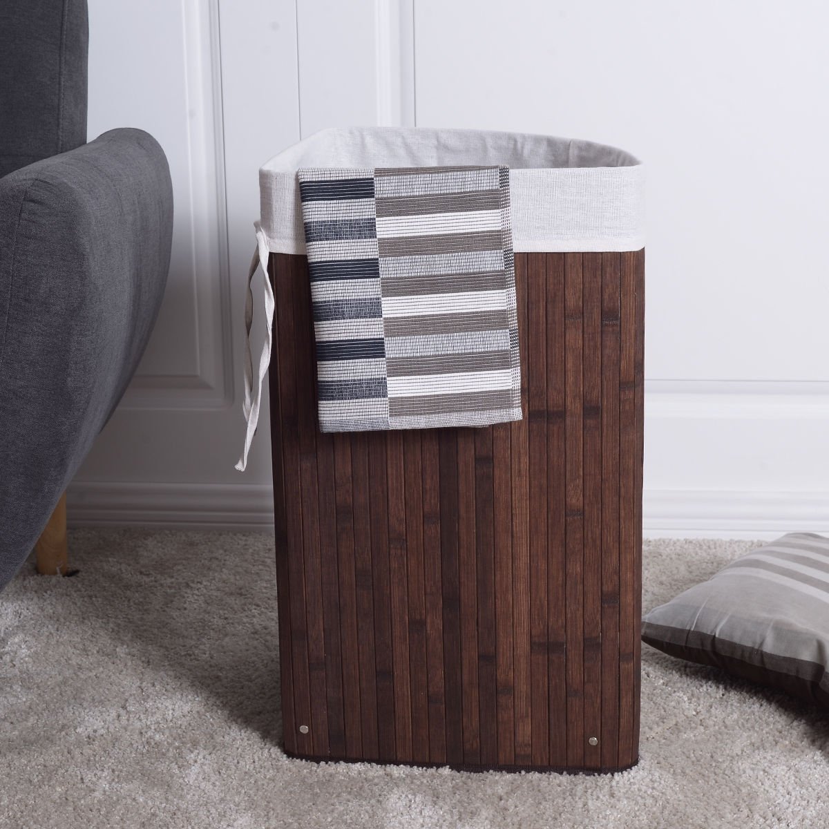 Corner Bamboo Hamper Laundry Basket-Brown view 3