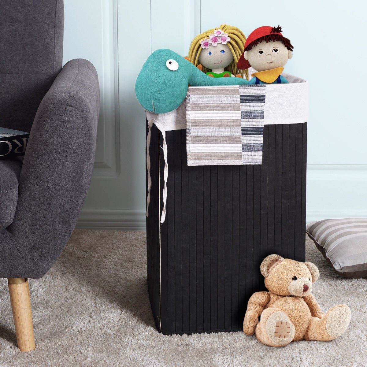 Corner Bamboo Hamper Laundry Basket with Lid and Removable Liner-Black view 2