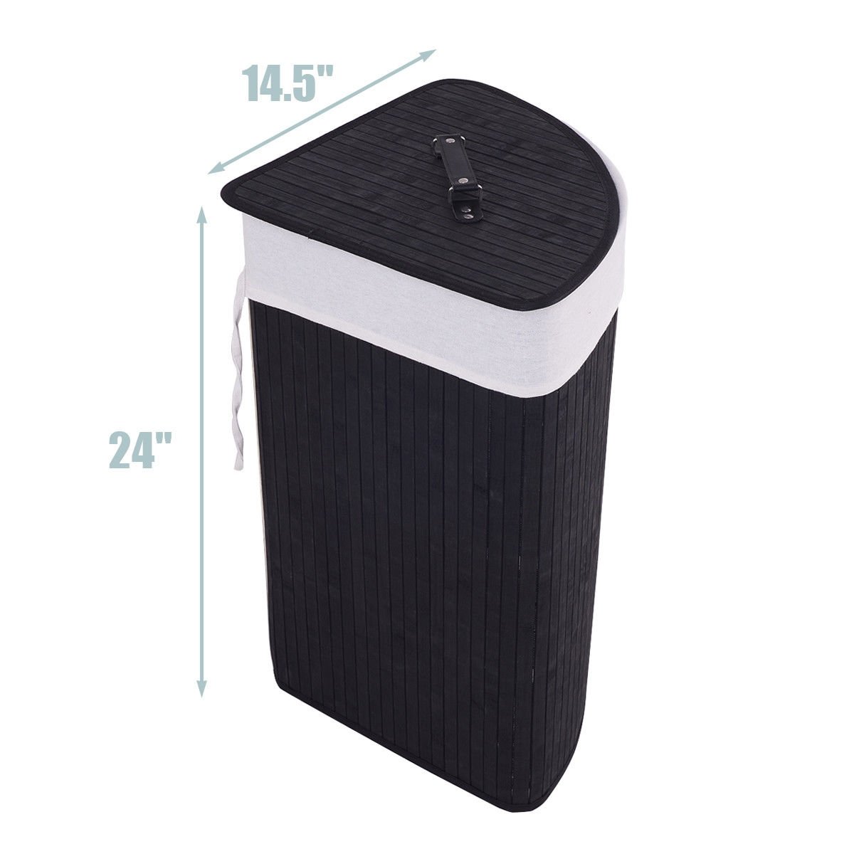 Corner Bamboo Hamper Laundry Basket with Lid and Removable Liner-Black view 5