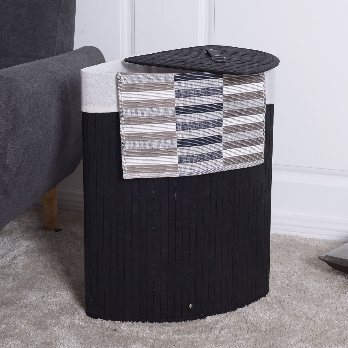 Corner Bamboo Hamper Laundry Basket with Lid and Removable Liner-Black view 6