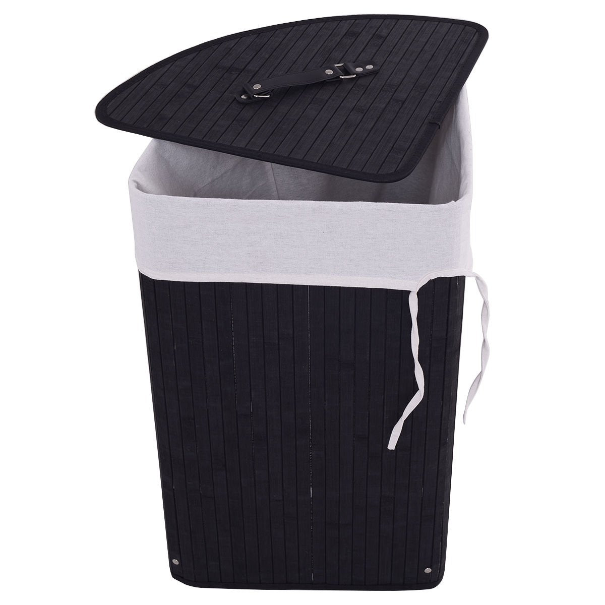 Corner Bamboo Hamper Laundry Basket with Lid and Removable Liner-Black view 9
