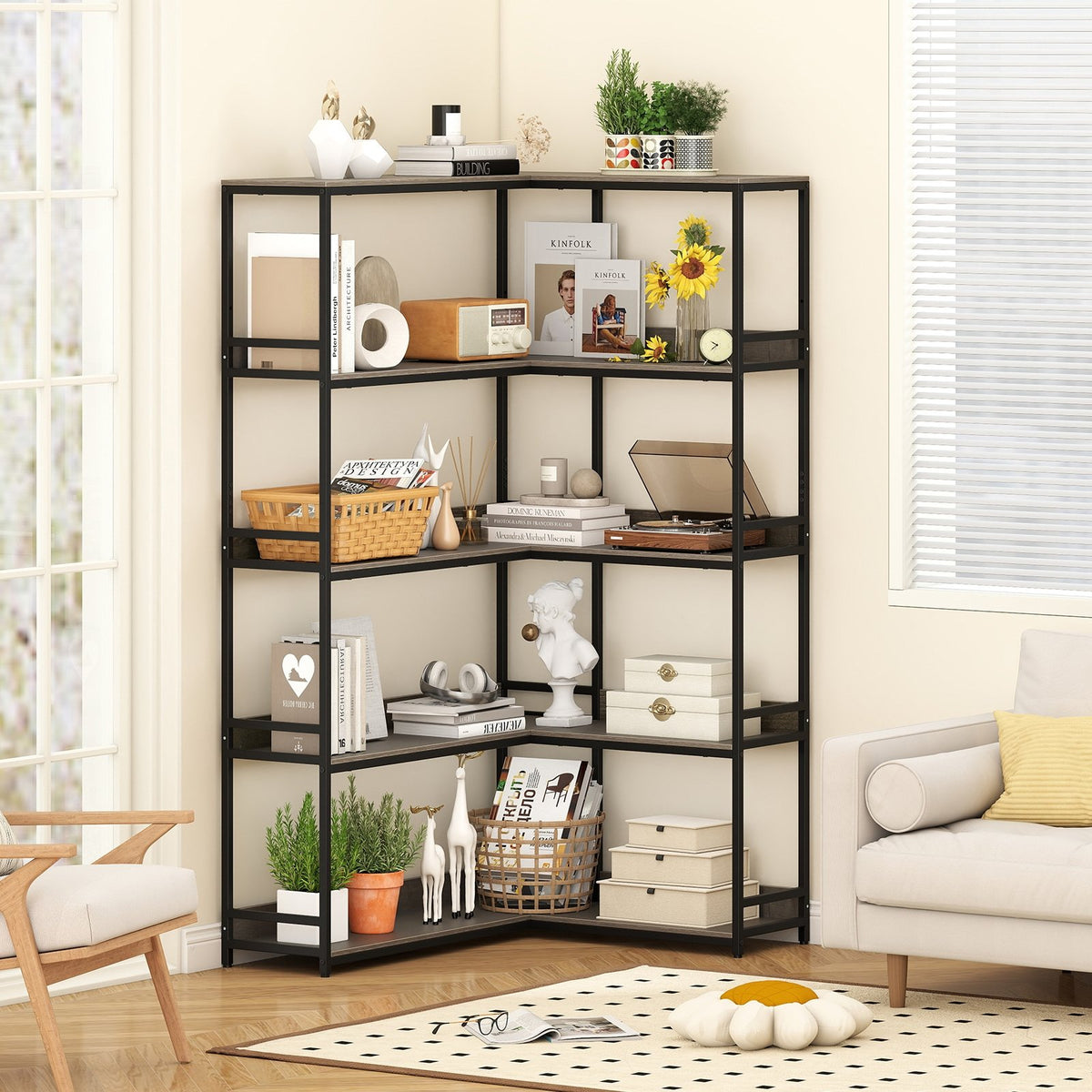 Corner Bookshelf 5-Tier L-Shaped Bookcase Etagere Bookshelf with Metal Frame-Oak view 2