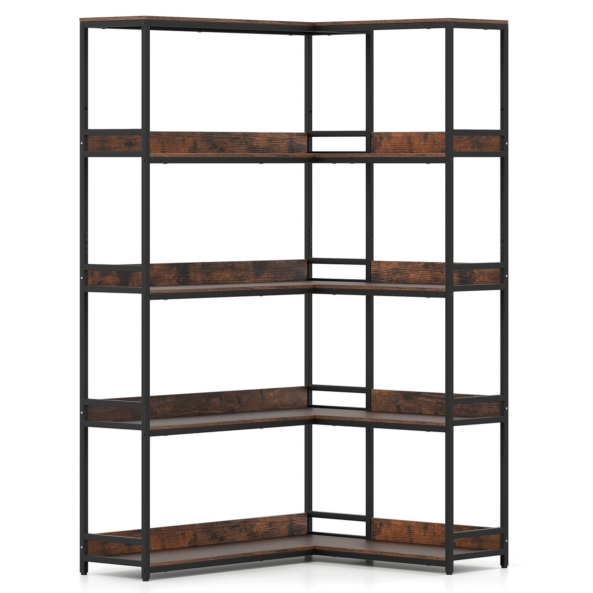 Corner Bookshelf 5-Tier L-Shaped Bookcase Etagere Bookshelf with Metal Frame-Rustic Brown
