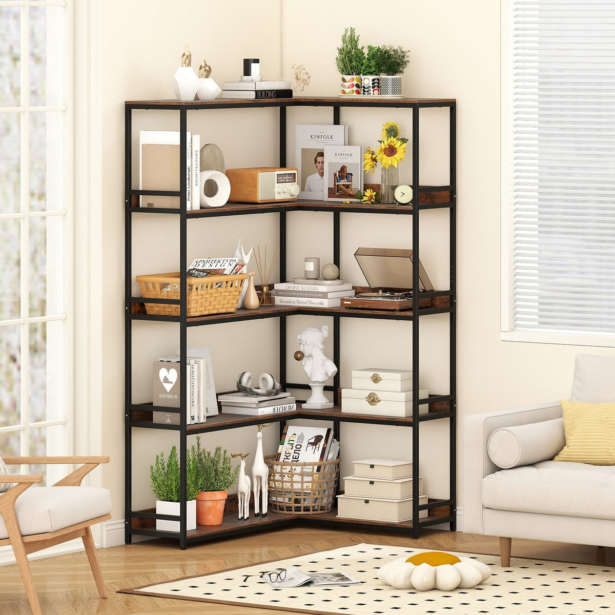 Corner Bookshelf 5-Tier L-Shaped Bookcase Etagere Bookshelf with Metal Frame-Rustic Brown view 2