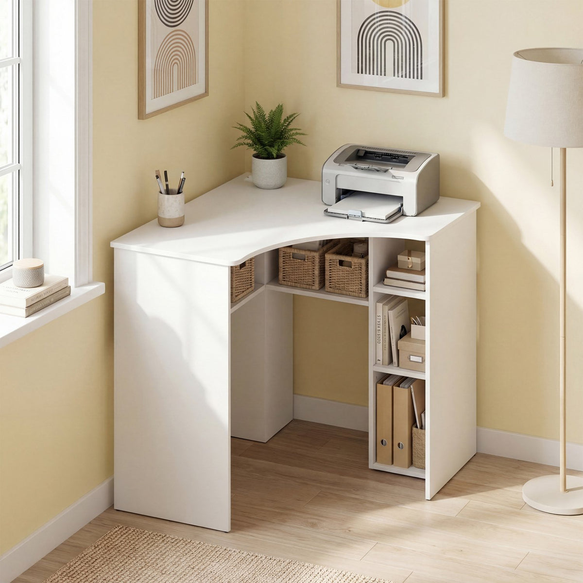 Corner Computer Desk Triangle Home Office Desk with Adjustable Shelf and Arc-Shaped Profile-White view 2
