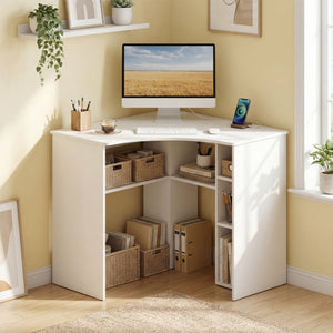 Corner Computer Desk Triangle Home Office Desk with Adjustable Shelf and Arc-Shaped Profile-White view 3