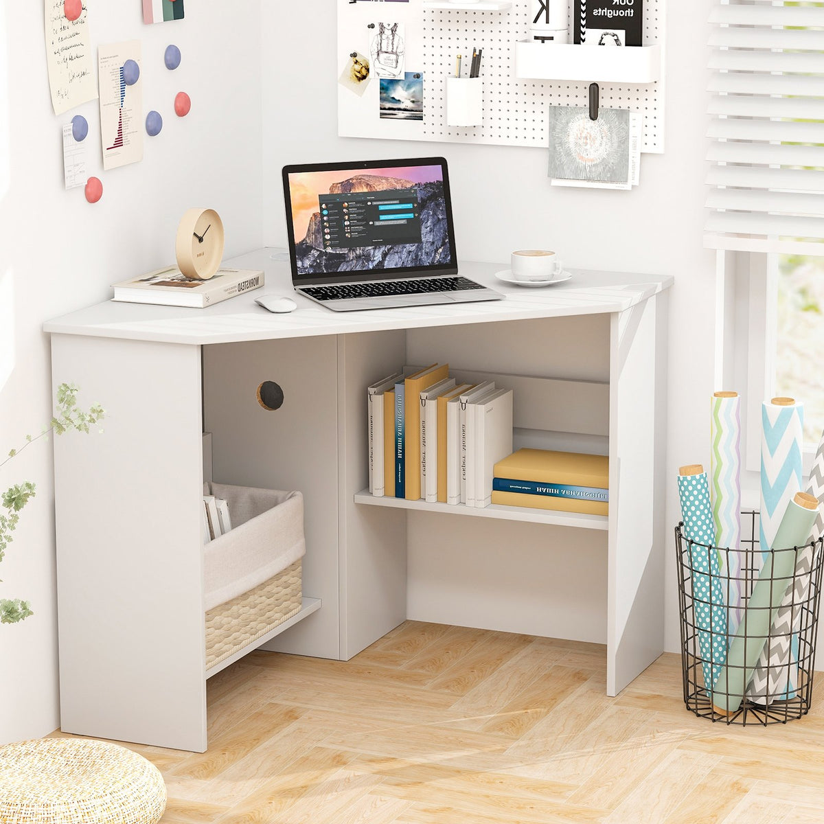 Corner Computer Desk Triangle Writing Workstation with Storage Shelf-White view 2