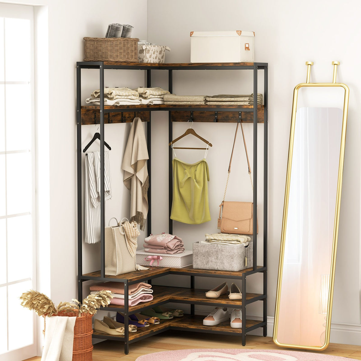 Corner Garment Rack with Open Shelves and 7 Hooks Shoe Bench-Rustic Brown view 3