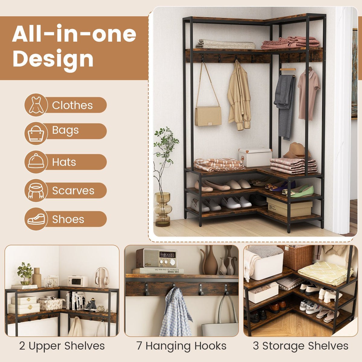 Corner Garment Rack with Open Shelves and 7 Hooks Shoe Bench-Rustic Brown view 6