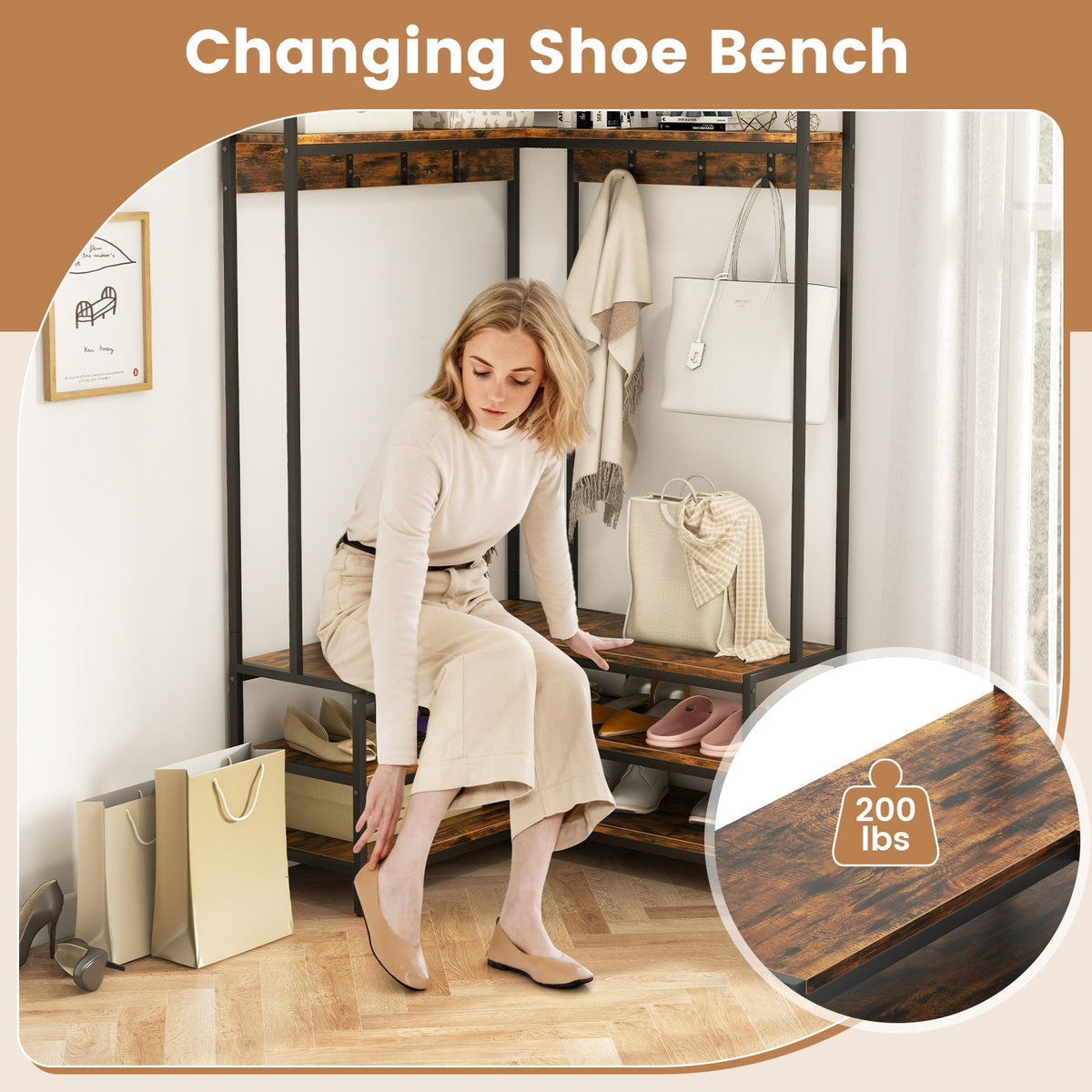 Corner Garment Rack with Open Shelves and 7 Hooks Shoe Bench-Rustic Brown view 7