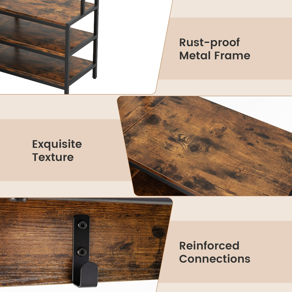 Corner Garment Rack with Open Shelves and 7 Hooks Shoe Bench-Rustic Brown view 9