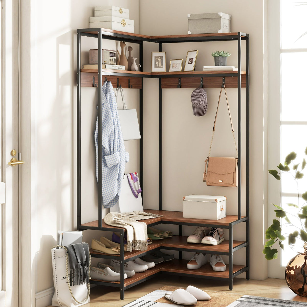 Corner Garment Rack with Open Shelves and 7 Hooks Shoe Bench-Walnut view 2