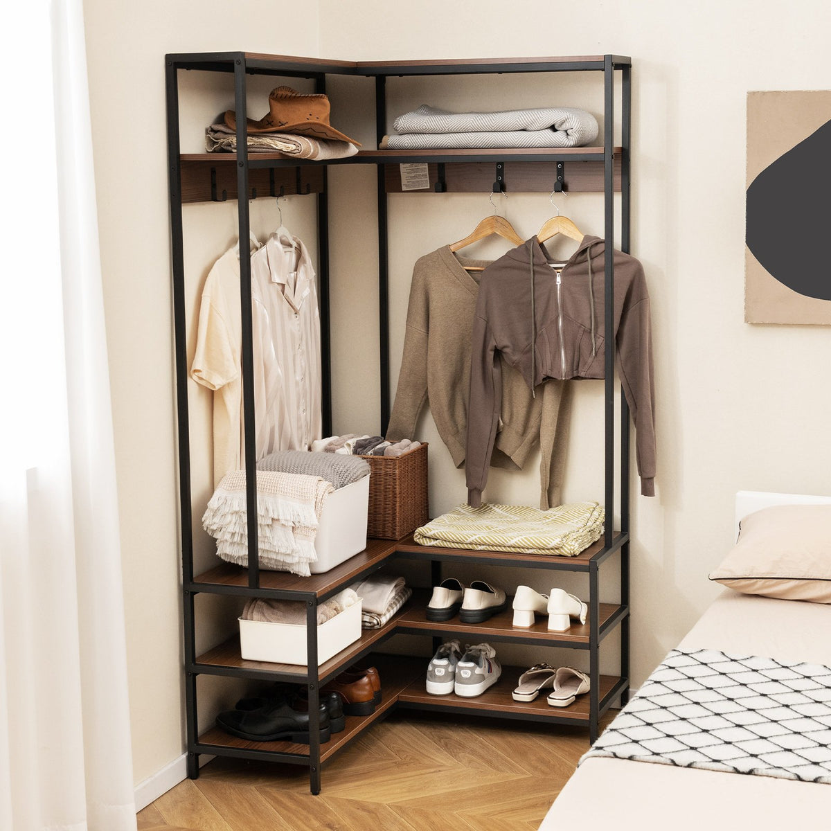 Corner Garment Rack with Open Shelves and 7 Hooks Shoe Bench-Walnut view 3