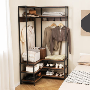Corner Garment Rack with Open Shelves and 7 Hooks Shoe Bench-Walnut view 3
