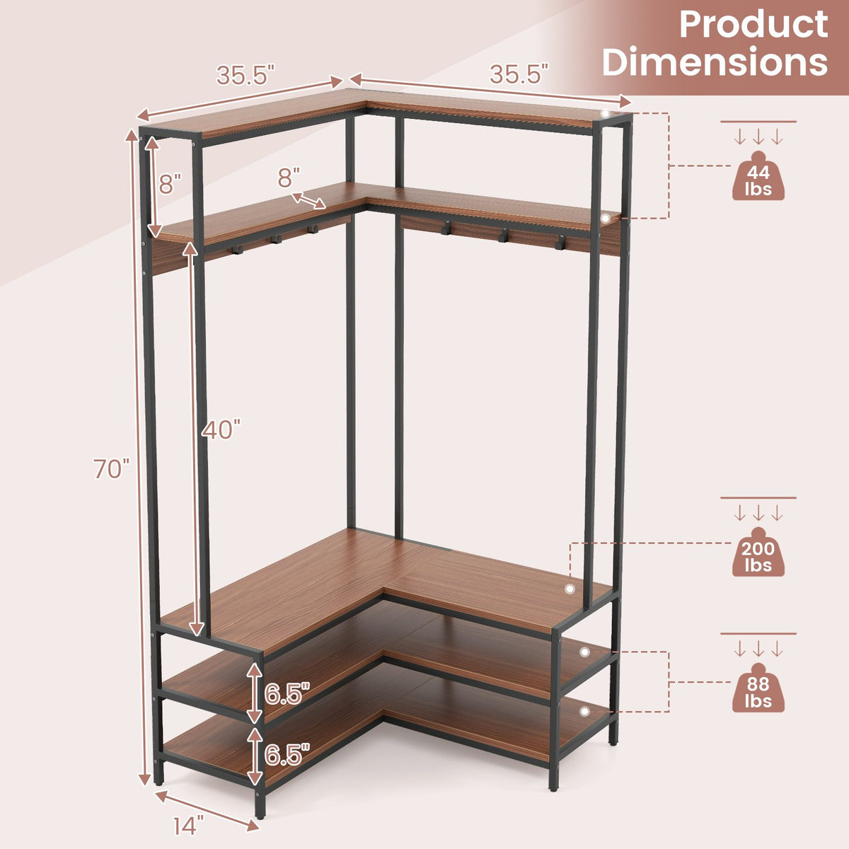 Corner Garment Rack with Open Shelves and 7 Hooks Shoe Bench-Walnut view 4