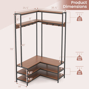 Corner Garment Rack with Open Shelves and 7 Hooks Shoe Bench-Walnut view 4