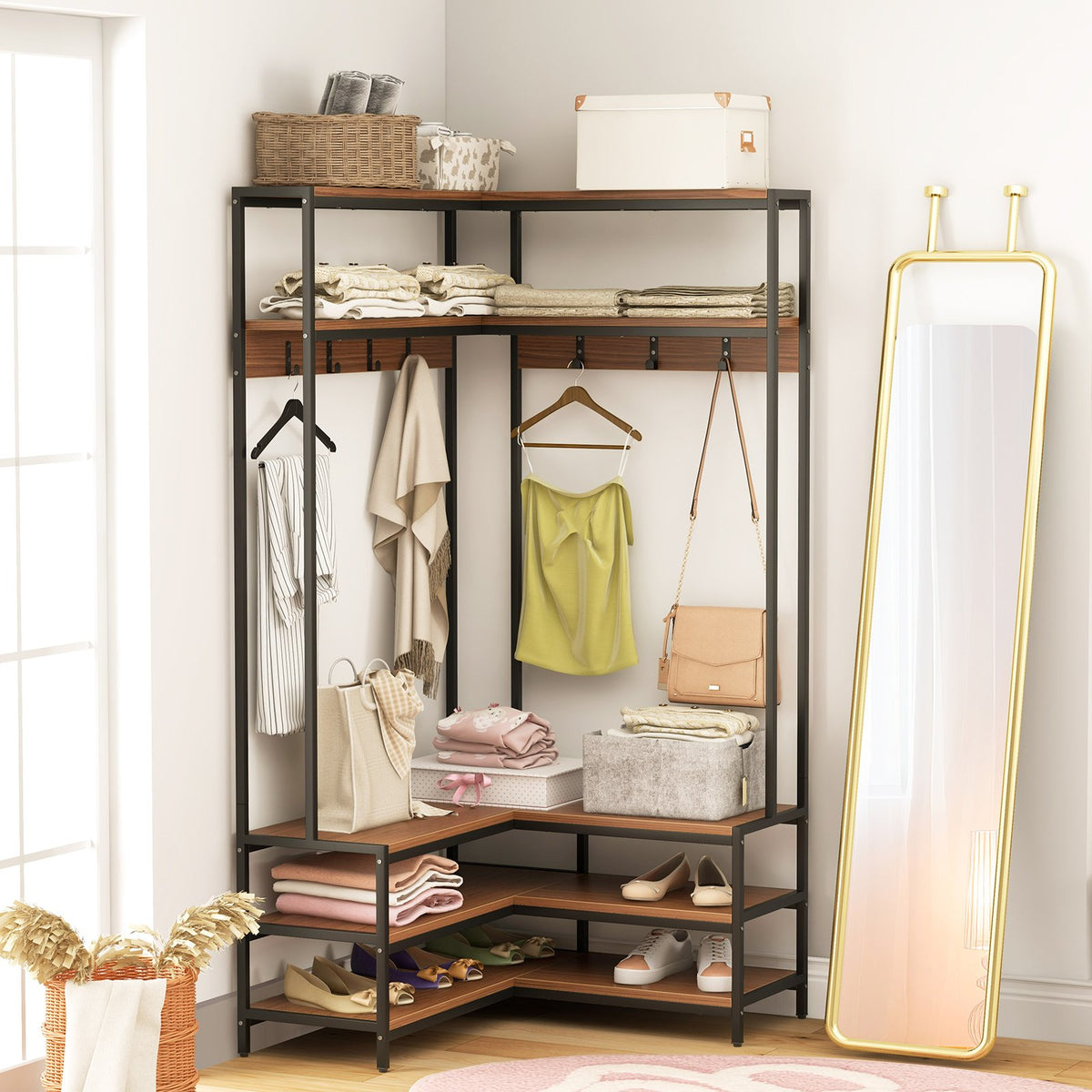 Corner Garment Rack with Open Shelves and 7 Hooks Shoe Bench-Walnut view 5