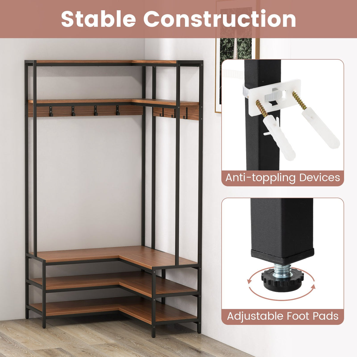 Corner Garment Rack with Open Shelves and 7 Hooks Shoe Bench-Walnut view 6