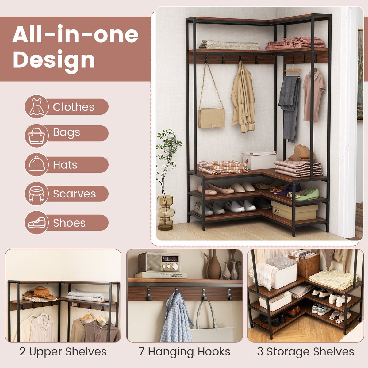 Corner Garment Rack with Open Shelves and 7 Hooks Shoe Bench-Walnut view 7
