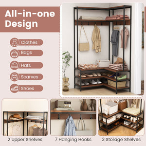 Corner Garment Rack with Open Shelves and 7 Hooks Shoe Bench-Walnut view 7