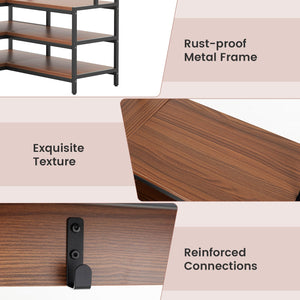 Corner Garment Rack with Open Shelves and 7 Hooks Shoe Bench-Walnut view 8