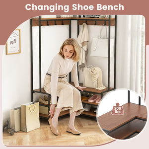 Corner Garment Rack with Open Shelves and 7 Hooks Shoe Bench-Walnut view 9