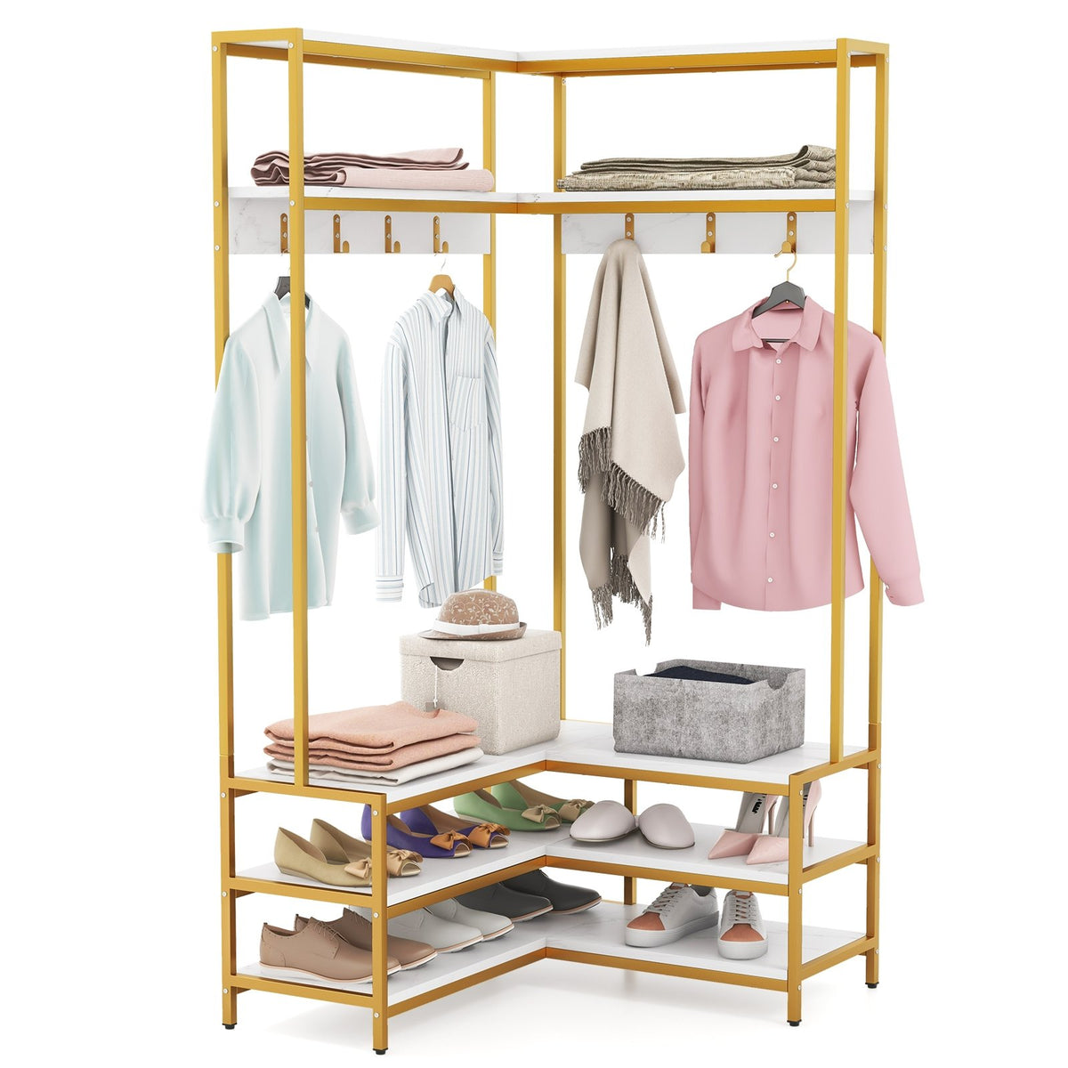 Corner Garment Rack with Open Shelves and 7 Hooks Shoe Bench-White