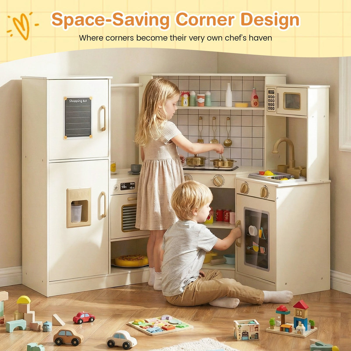 Corner Kids Play Kitchen with Stoves with Lights and Sounds-Beige view 5