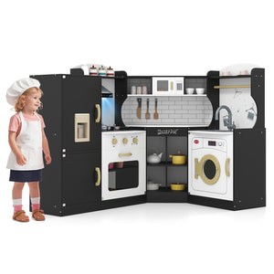 Corner Kids Play Kitchen with Washing Machine and Ice Maker Gift for Boys Girls-Black